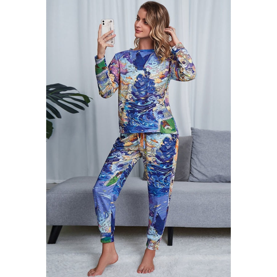 Tie-Dye Crewneck Top and Drawstring Waist Joggers Lounge Set