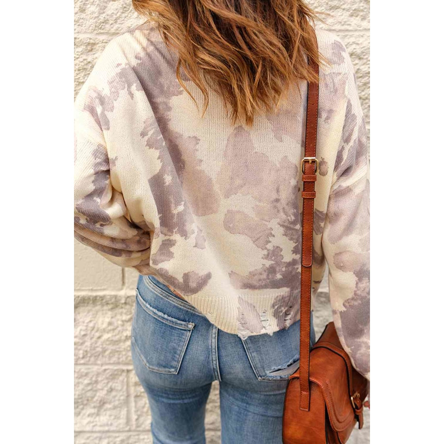 Tie-Dye Distressed Round Neck Sweater Apparel and Accessories