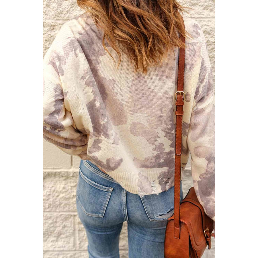 Tie-Dye Distressed Round Neck Sweater Beige / S Apparel and Accessories