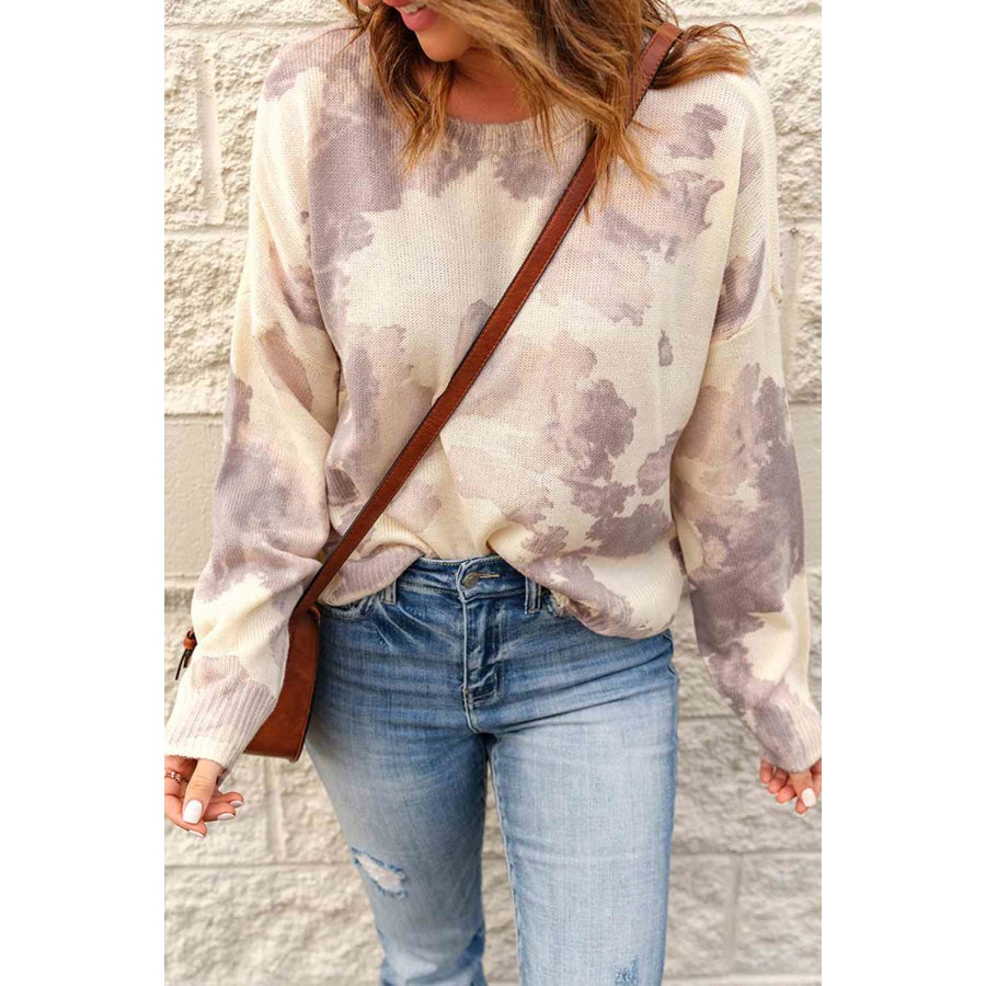 Tie-Dye Distressed Round Neck Sweater Apparel and Accessories