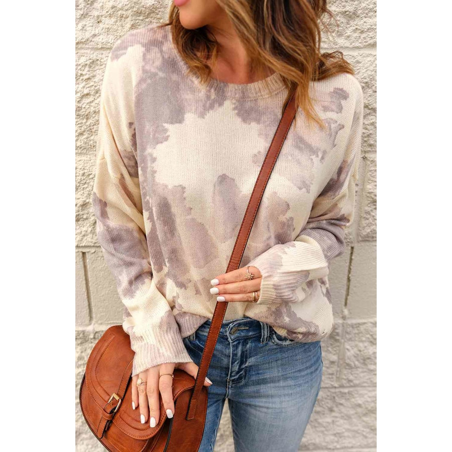 Tie-Dye Distressed Round Neck Sweater Apparel and Accessories