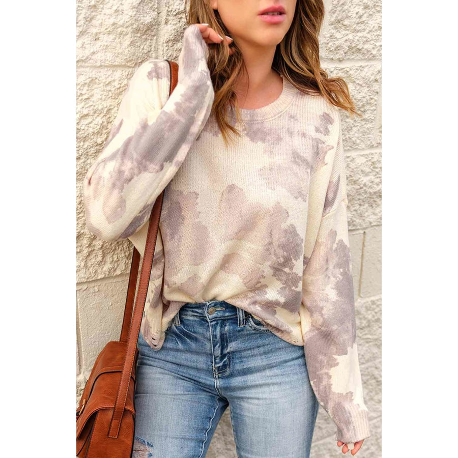 Tie-Dye Distressed Round Neck Sweater Apparel and Accessories