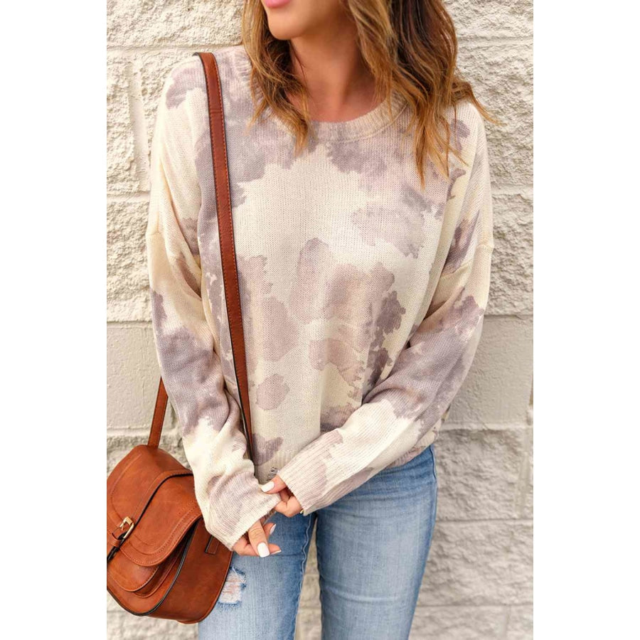 Tie-Dye Distressed Round Neck Sweater Beige / S Apparel and Accessories