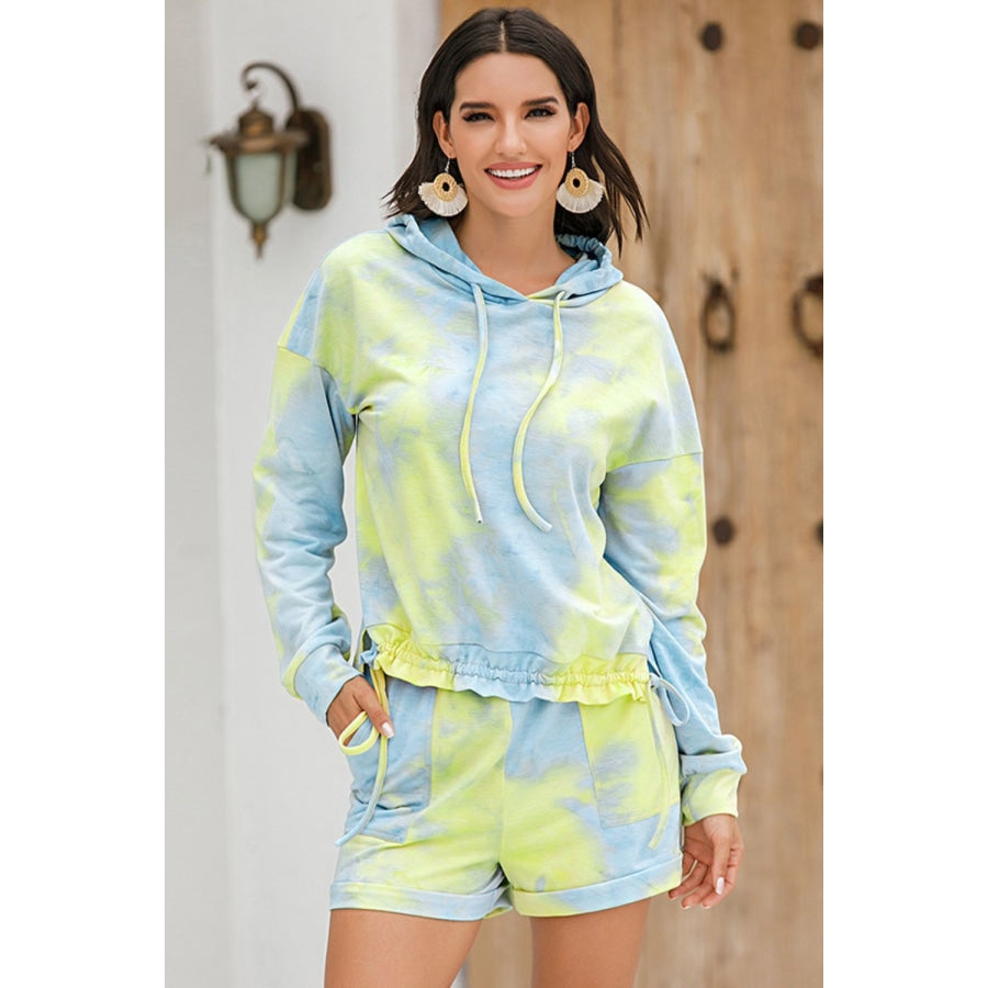 Tie-Dye Drawstring Hoodie and Shorts Set Blue-Green / S