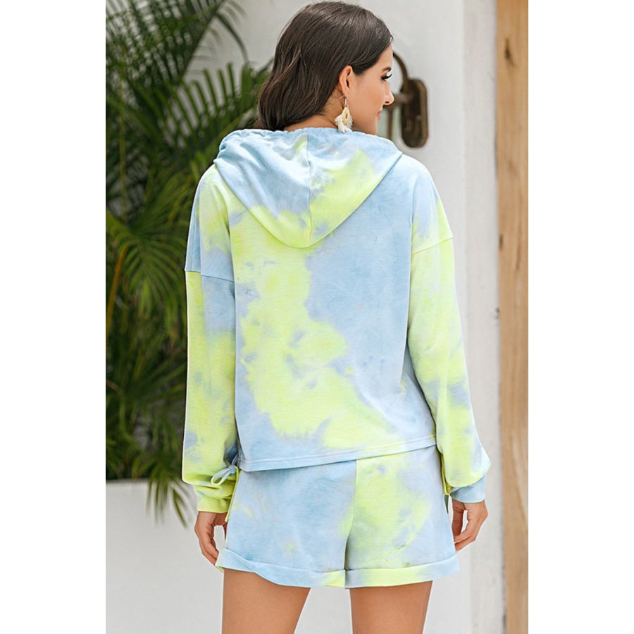 Tie-Dye Drawstring Hoodie and Shorts Set