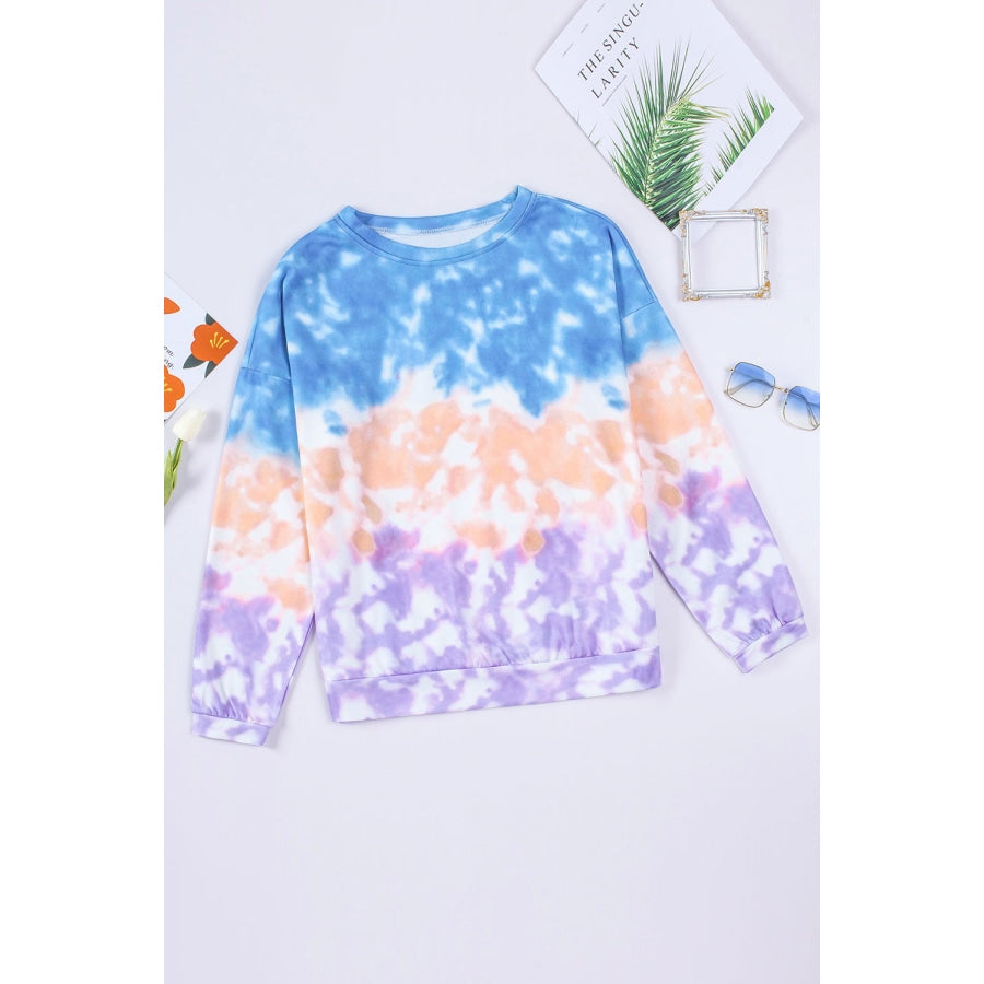 Tie-Dye Drop Shoulder Round Neck Sweatshirt Purple/Orange/Blue / S