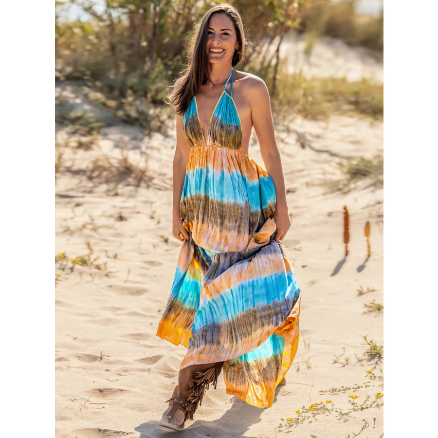 Tie - Dye Halter Neck Sleeveless Dress Apparel and Accessories