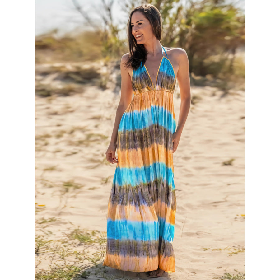 Tie - Dye Halter Neck Sleeveless Dress Peacock Blue / S Apparel and Accessories