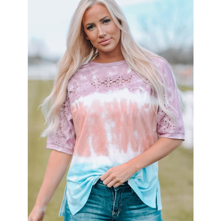 Tie-Dye Lace Trim Round Neck Top Multicolor / S