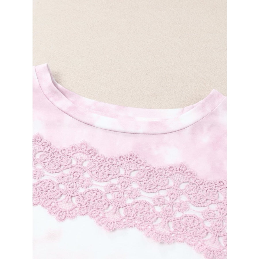 Tie-Dye Lace Trim Round Neck Top