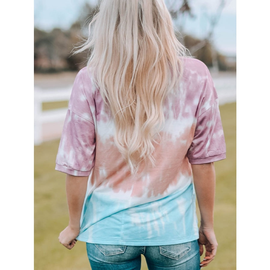 Tie-Dye Lace Trim Round Neck Top