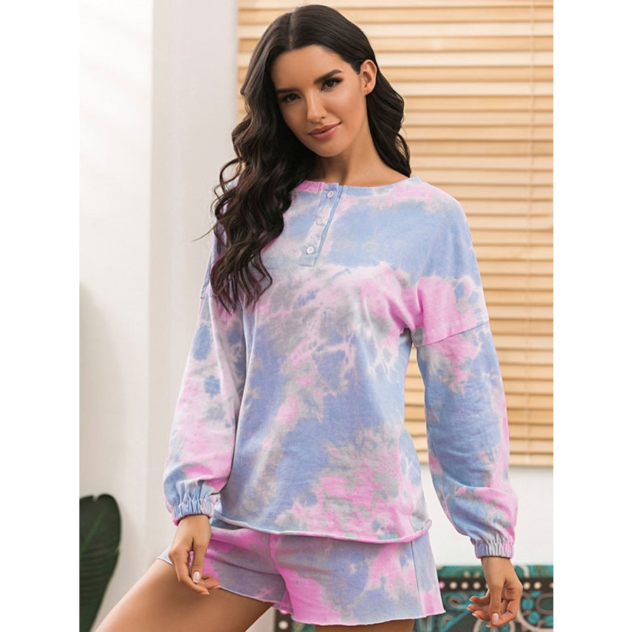 Tie-Dye Long Sleeve Top and Shorts Lounge Set Pink-Blue / S
