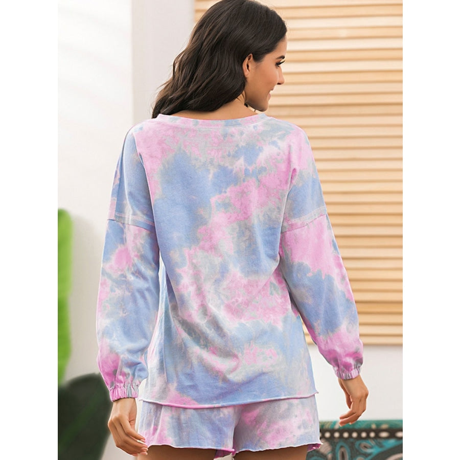 Tie-Dye Long Sleeve Top and Shorts Lounge Set Pink-Blue / S