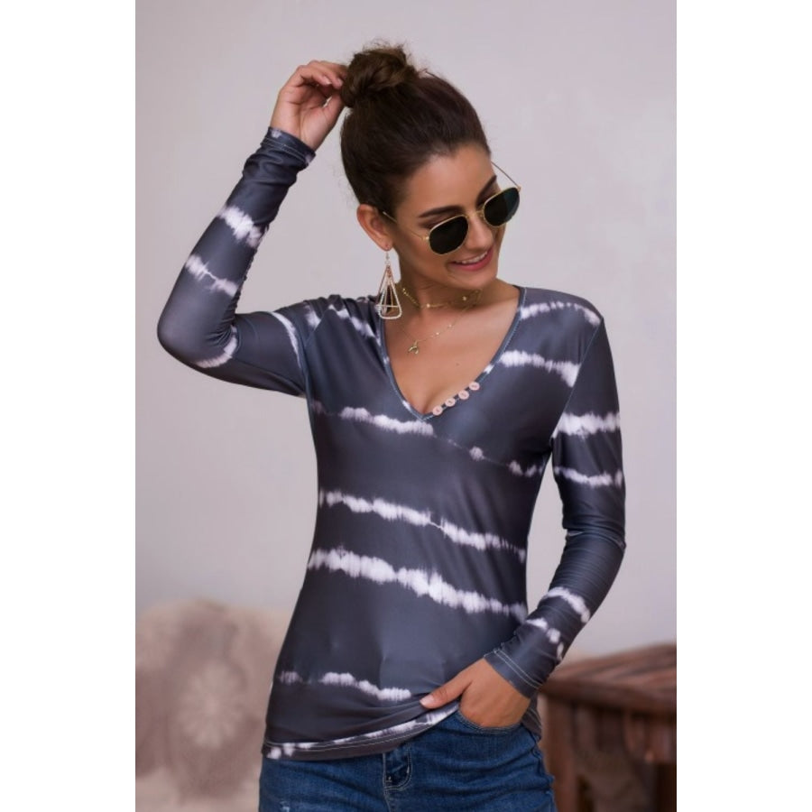 Tie-Dye Plunge Long Sleeve Top Dusty Purple / S