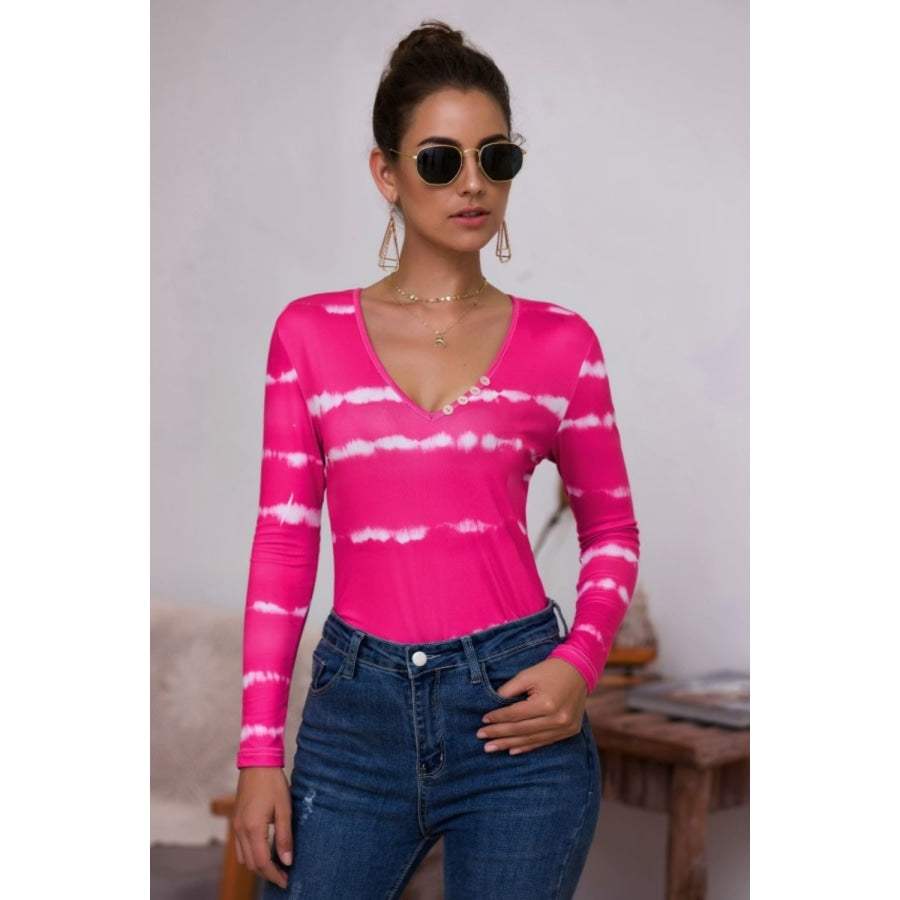 Tie-Dye Plunge Long Sleeve Top Hot Pink / S