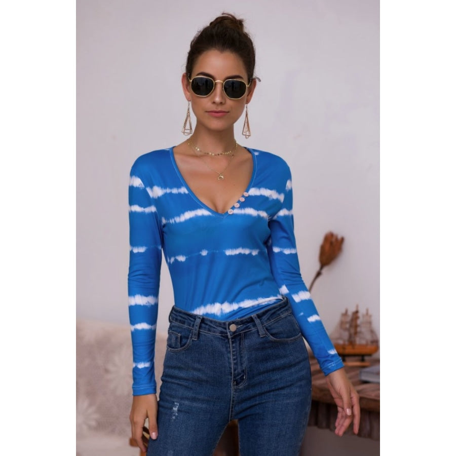 Tie-Dye Plunge Long Sleeve Top Sky Blue / S