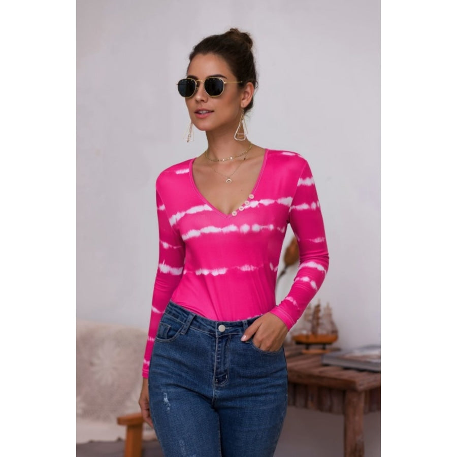 Tie-Dye Plunge Long Sleeve Top Hot Pink / S