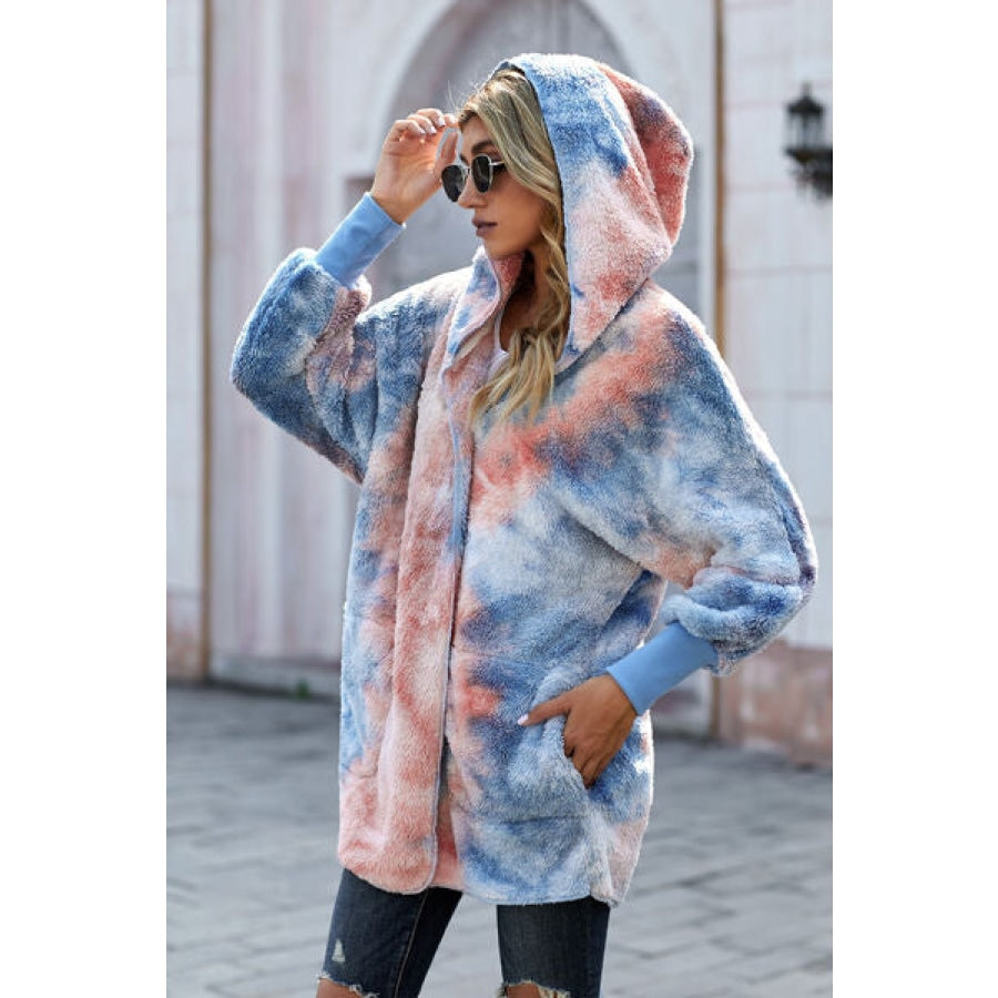 Tie-Dye Plush Hooded Jacket with Pockets Clothing