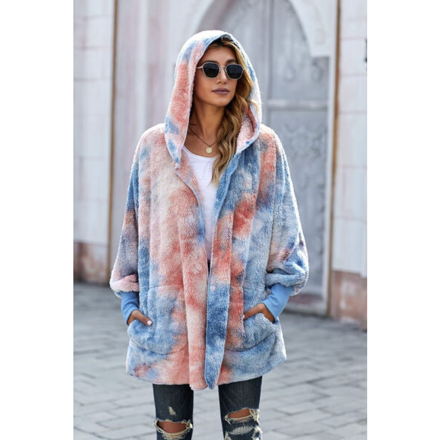 Tie-Dye Plush Hooded Jacket with Pockets Clothing