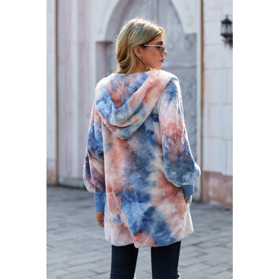 Tie-Dye Plush Hooded Jacket with Pockets Clothing