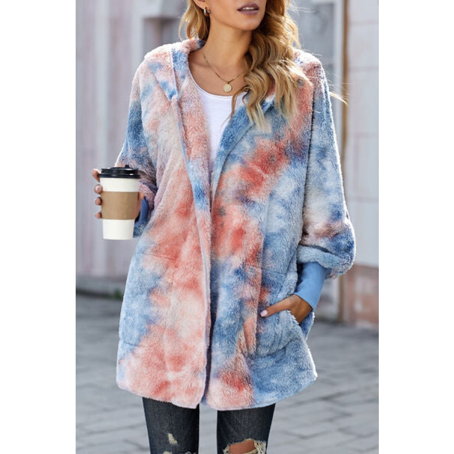 Tie-Dye Plush Hooded Jacket with Pockets Pastel Blue / S Clothing