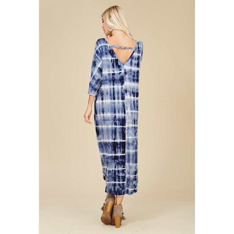 Tie Dye Print 3/4 Sleeve Low Back Maxi Dress Dresses