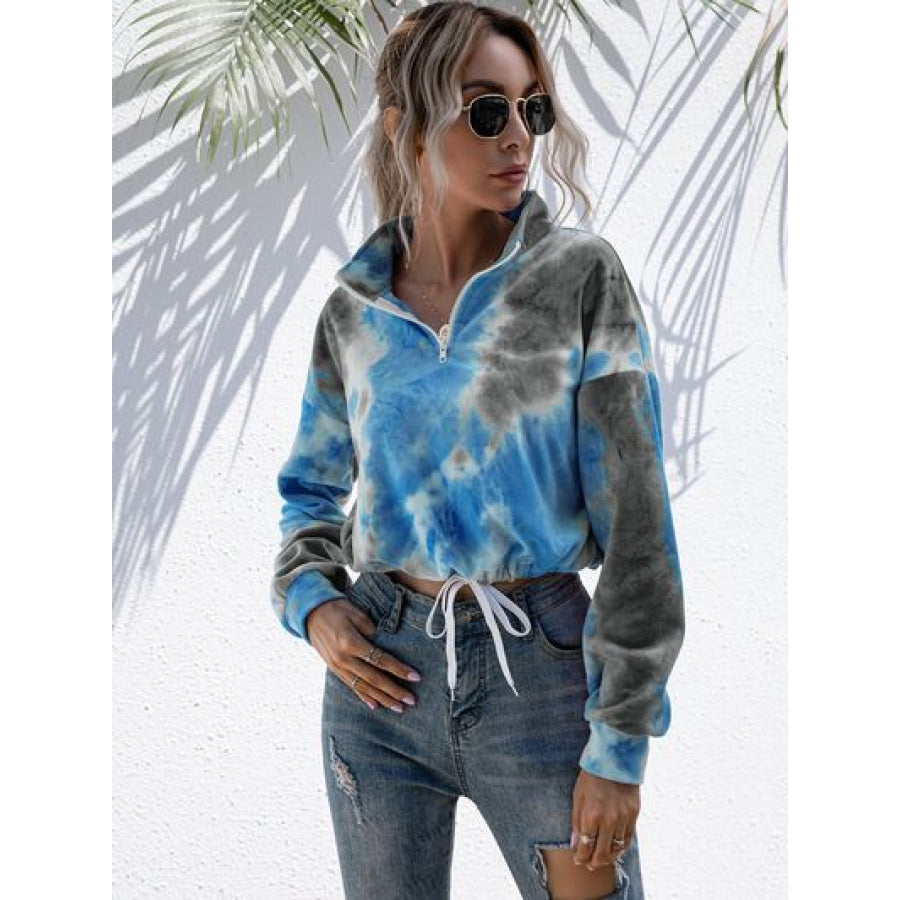 Tie - Dye Quarter Zip Dropped Shoulder Sweatshirt Charcoal / S Apparel and Accessories