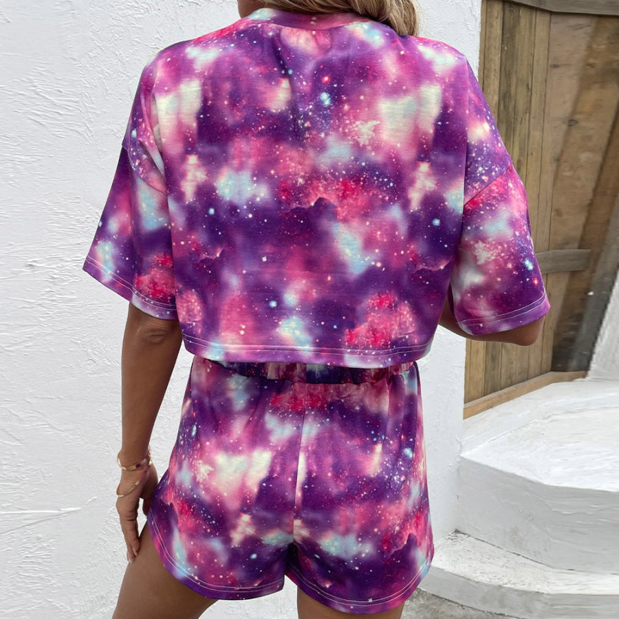 Tie Dye Round Neck Dropped Shoulder Half Sleeve Top and Shorts Set Fuchsia / S