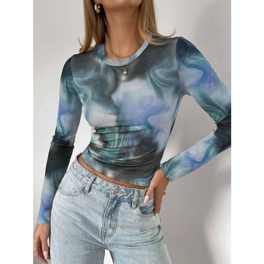 Tie-Dye Round Neck Long Sleeve T-Shirt Deep Teal / S Apparel and Accessories