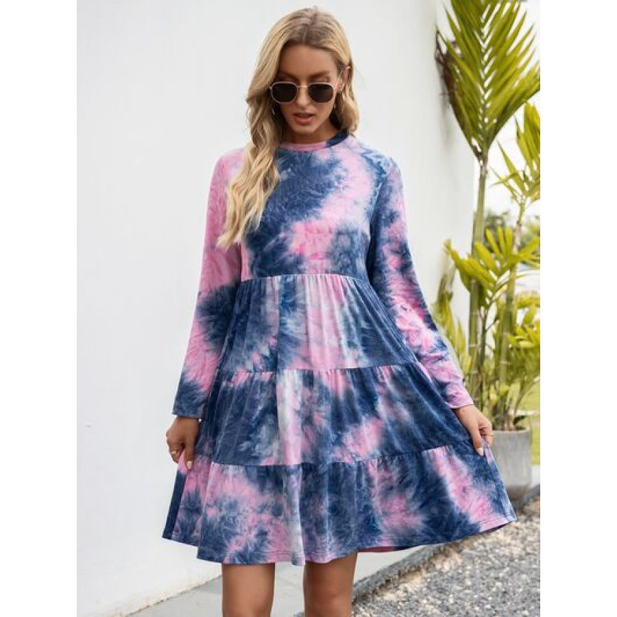 Tie - Dye Round Neck Long Sleeve Tiered Dress Apparel and Accessories