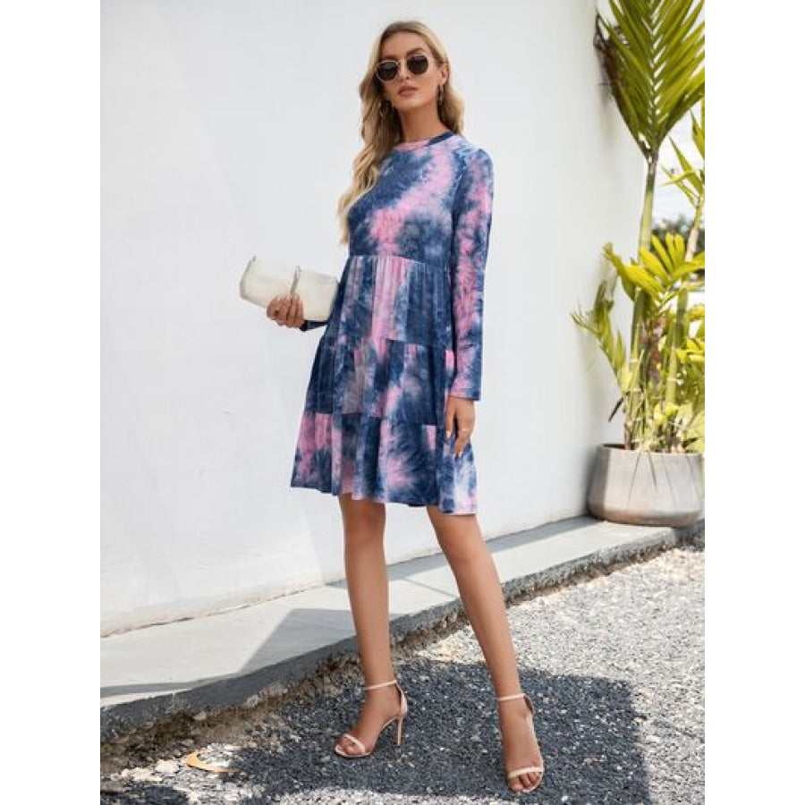 Tie - Dye Round Neck Long Sleeve Tiered Dress Apparel and Accessories