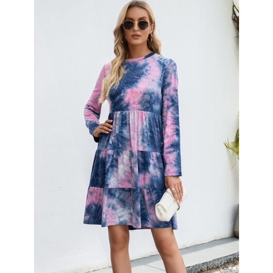 Tie - Dye Round Neck Long Sleeve Tiered Dress Dusty Blue / S Apparel and Accessories