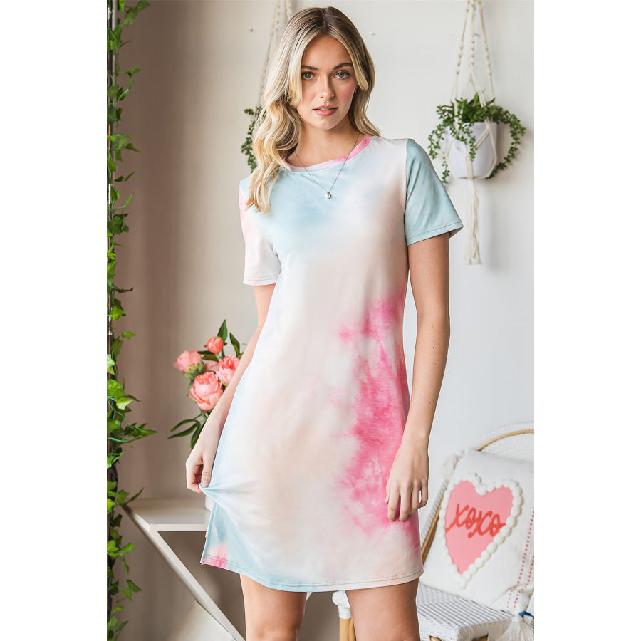 Tie-Dye Round Neck Short Sleeve Slit Dress