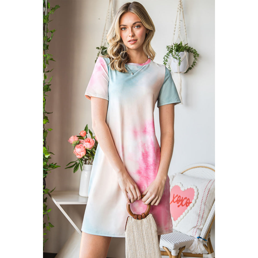 Tie-Dye Round Neck Short Sleeve Slit Dress