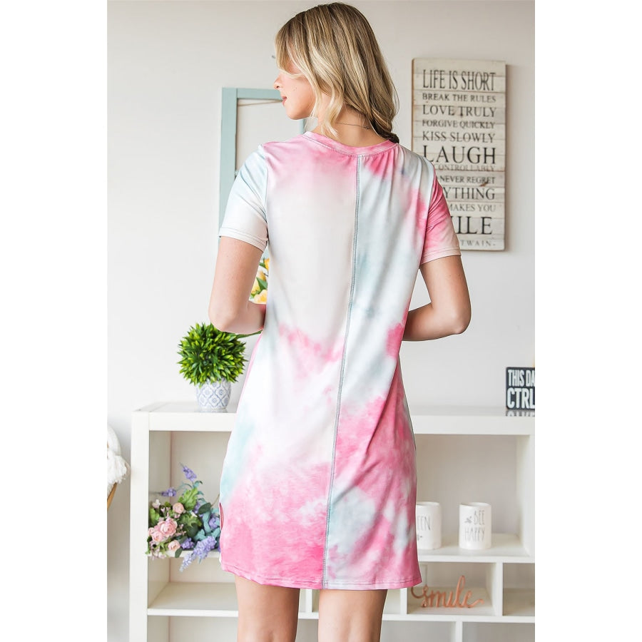 Tie-Dye Round Neck Short Sleeve Slit Dress