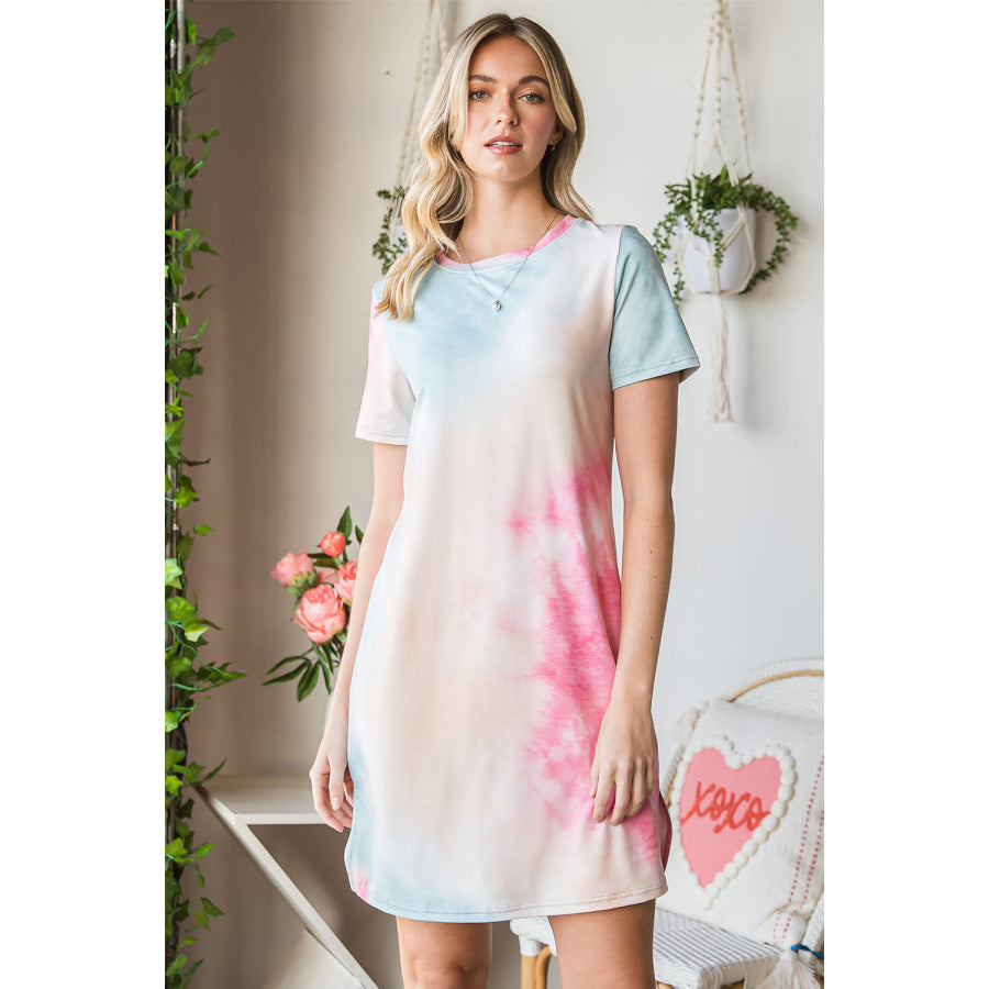 Tie-Dye Round Neck Short Sleeve Slit Dress