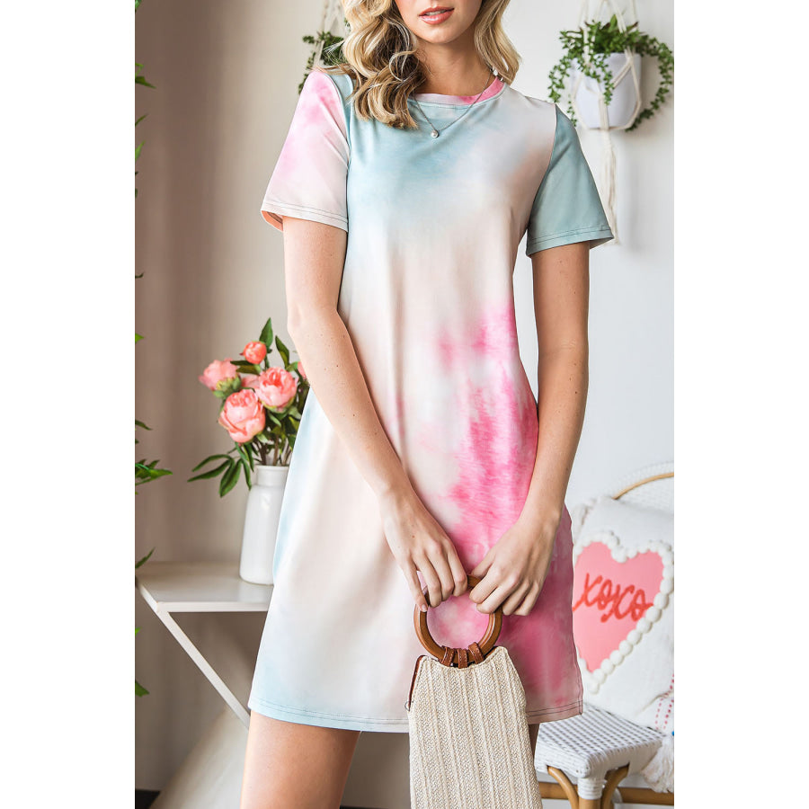 Tie-Dye Round Neck Short Sleeve Slit Dress