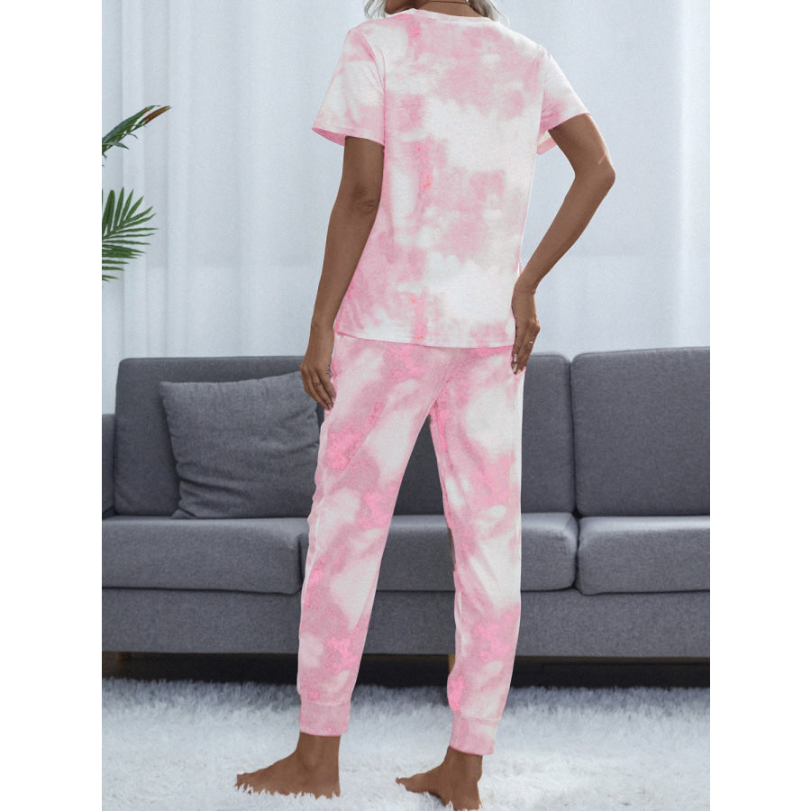 Tie-Dye Round Neck Short Sleeve Top and Pants Blush Pink / S Apparel and Accessories