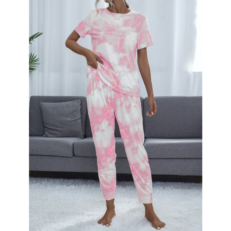 Tie-Dye Round Neck Short Sleeve Top and Pants Blush Pink / S Apparel and Accessories