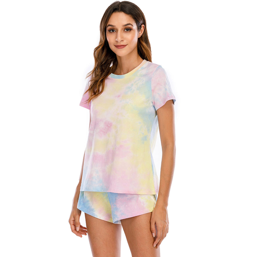 Tie - Dye Round Neck Short Sleeve Top and Shorts Lounge Set Apparel Accessories