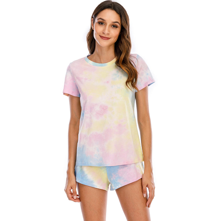 Tie - Dye Round Neck Short Sleeve Top and Shorts Lounge Set Apparel Accessories