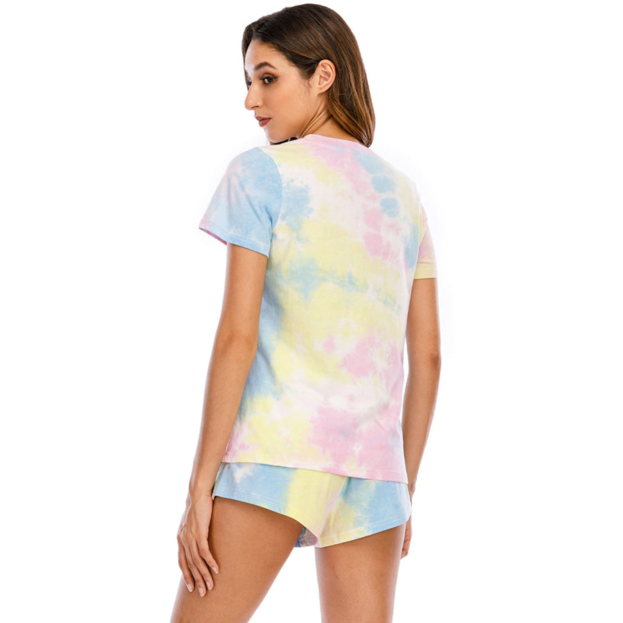 Tie - Dye Round Neck Short Sleeve Top and Shorts Lounge Set Apparel Accessories