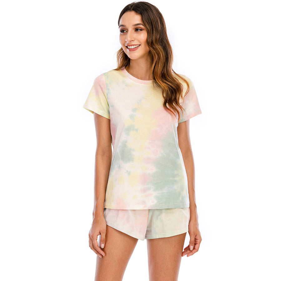 Tie - Dye Round Neck Short Sleeve Top and Shorts Lounge Set Apparel Accessories