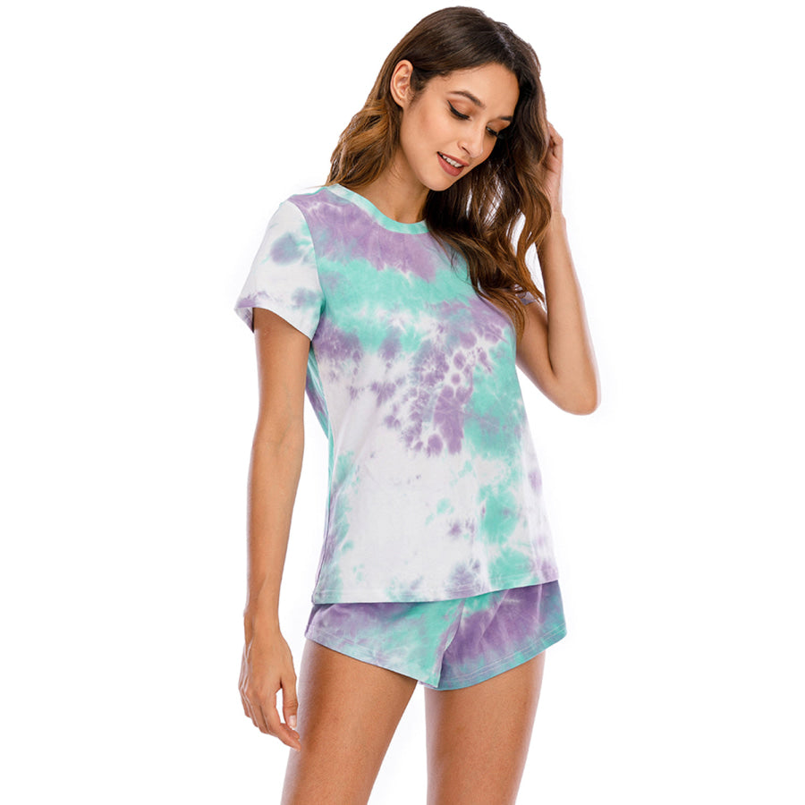 Tie - Dye Round Neck Short Sleeve Top and Shorts Lounge Set Apparel Accessories