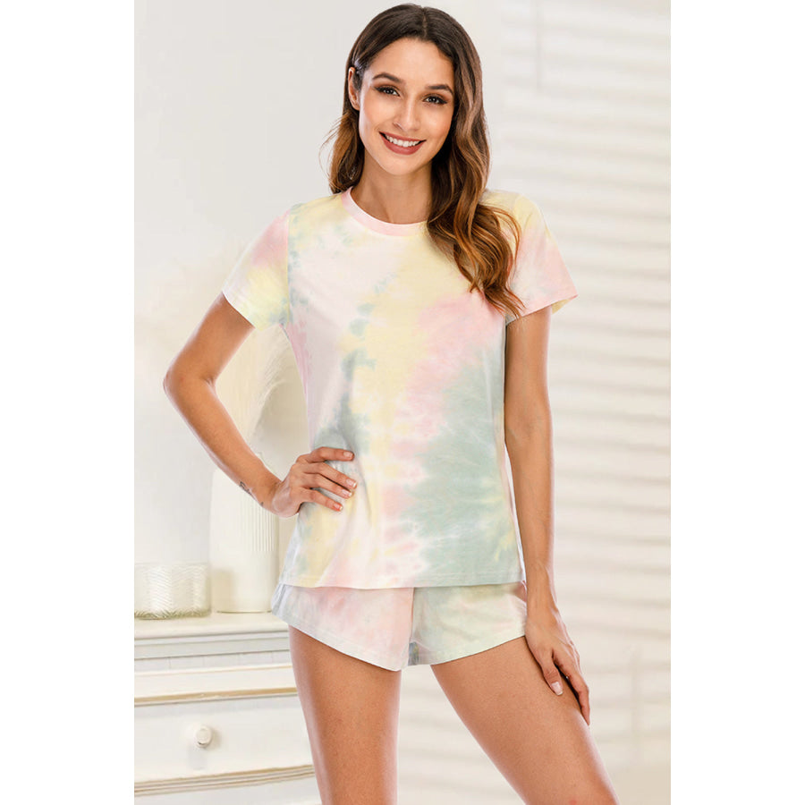 Tie - Dye Round Neck Short Sleeve Top and Shorts Lounge Set Pastel Yellow / S Apparel Accessories