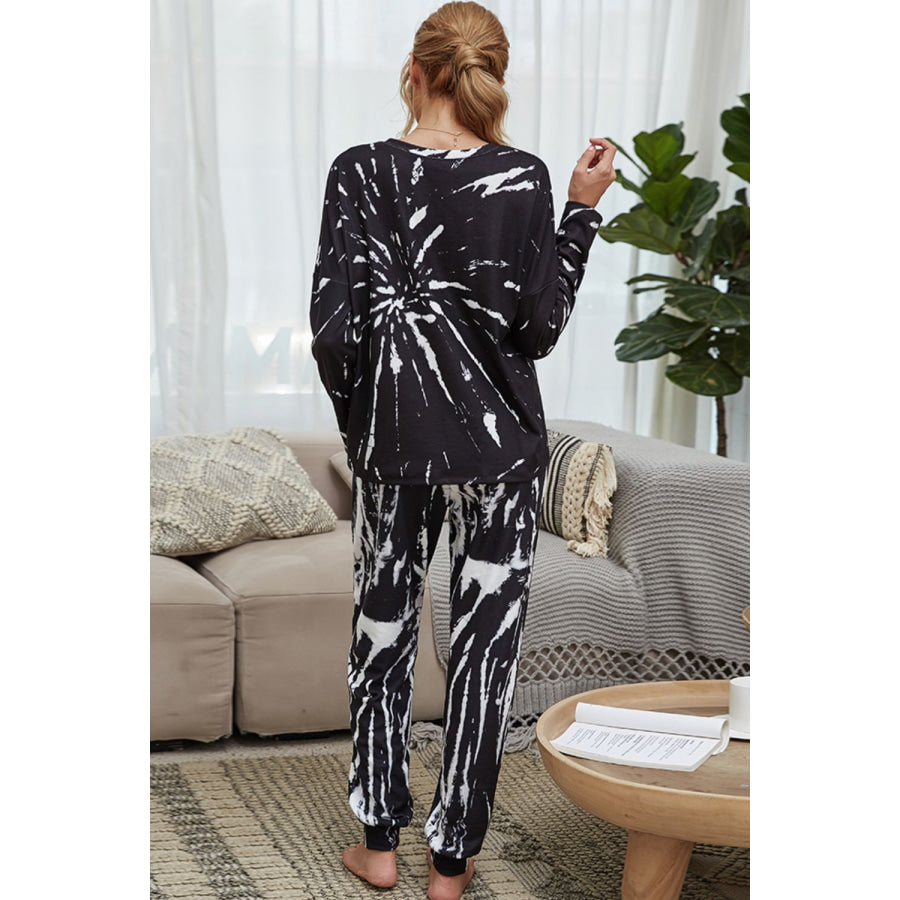 Tie-Dye Round Neck Top and Drawstring Waist Joggers Lounge Set Black / S Apparel and Accessories