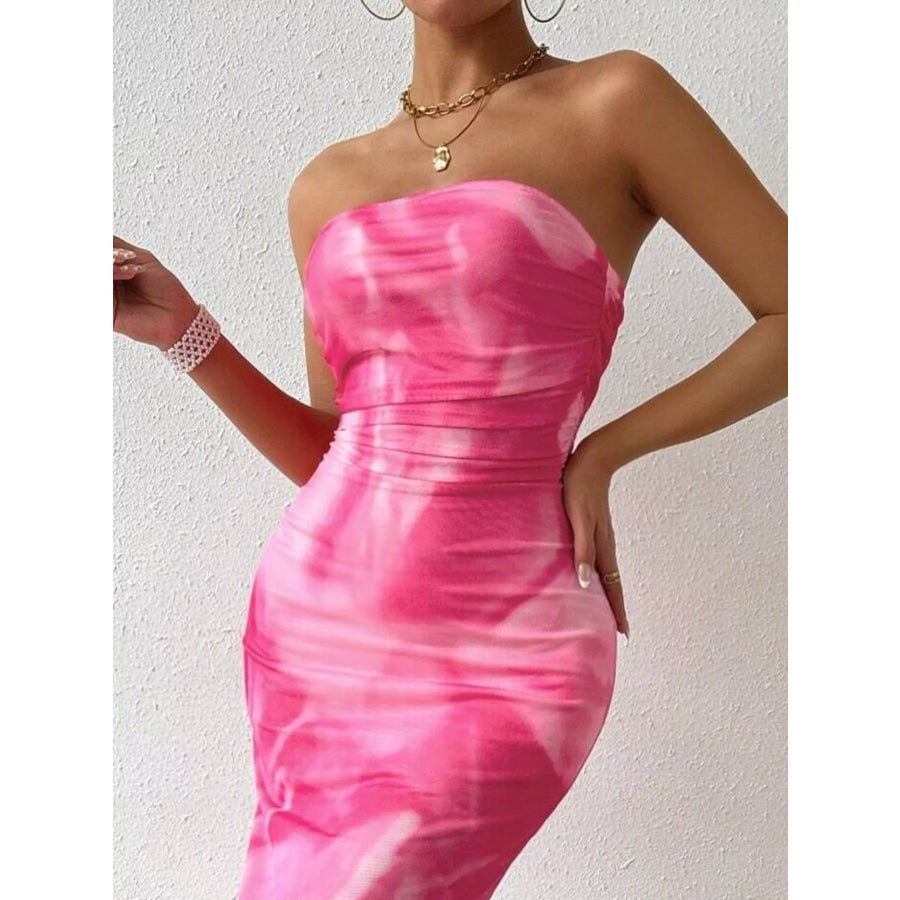Tie-Dye Ruched Bodycon Tube Slit Dress Apparel and Accessories