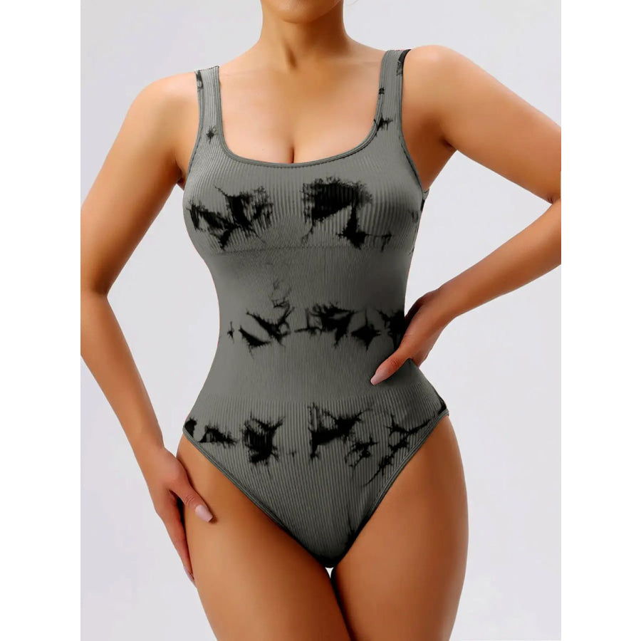 Tie-Dye Scoop Neck Wide Strap Active Bodysuit Dark Gray / S Apparel and Accessories