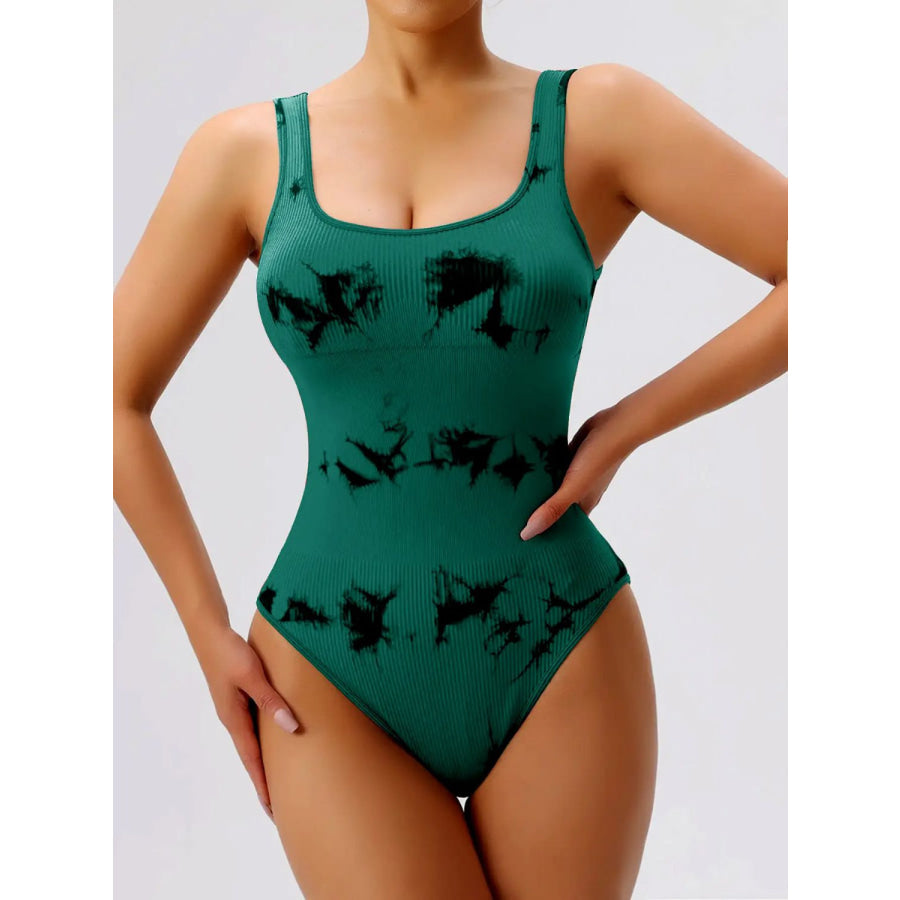 Tie-Dye Scoop Neck Wide Strap Active Bodysuit Dark Green / S Apparel and Accessories