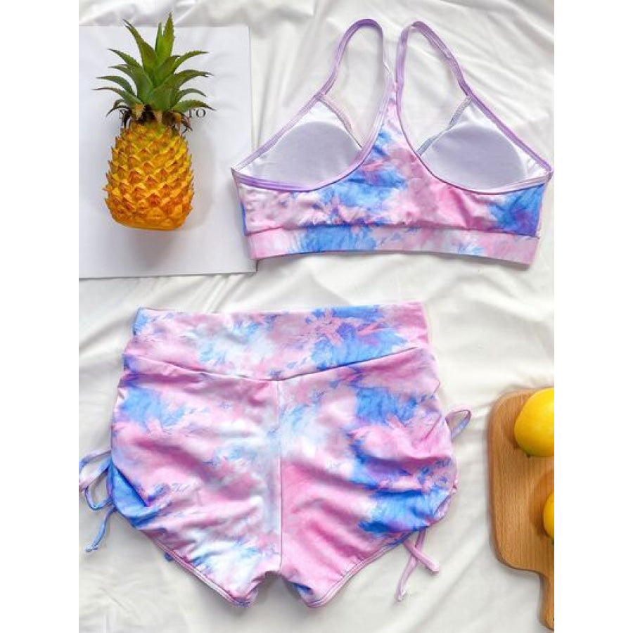 Tie - Dye Spaghetti Strap Top and Drawstring Shorts Swim Set Apparel Accessories